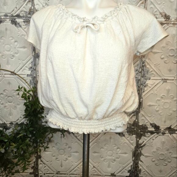 Madewell Texture & Thread Drawstring Top Smocked Round Neck Cotton Size XS - Picture 9 of 13